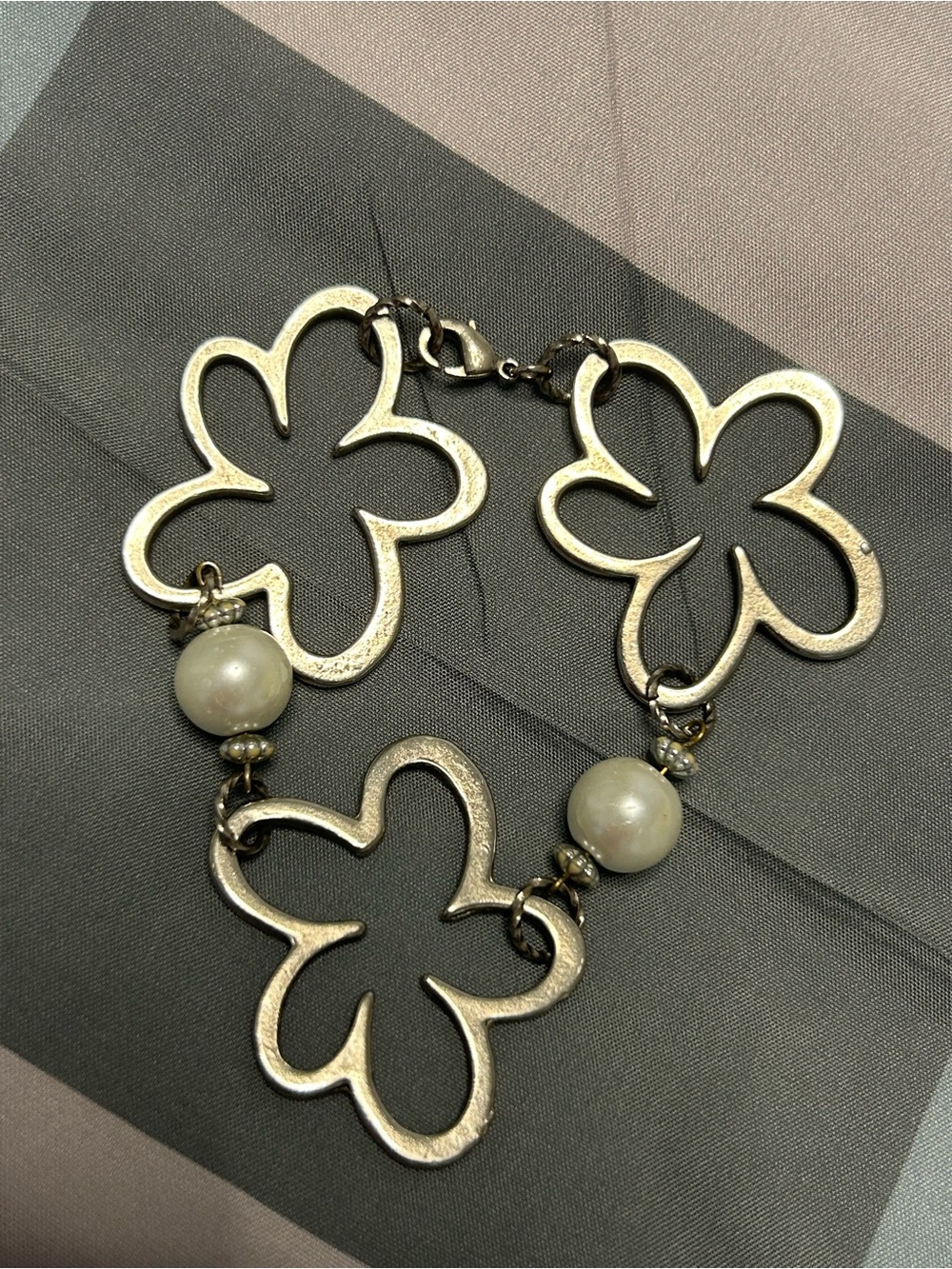 Silver Floral Link Bracelet with Pearl Accents